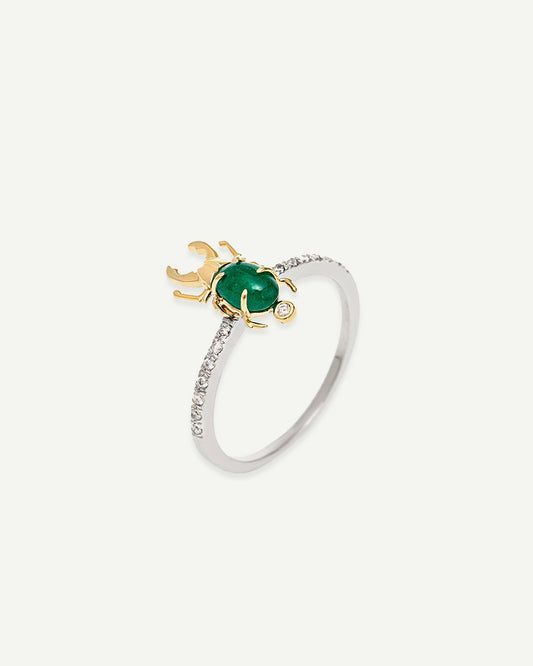 Anel Besouro em Ouro 18K com Esmeralda e Diamantes