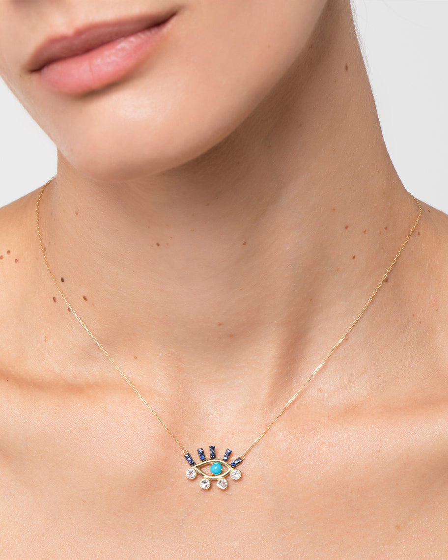 Colar Horus Blue em Ouro 18K com Pingente de Olho em Turquesa