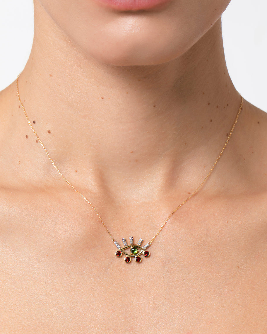 Colar Horus Green em Ouro 18K com Pingente de Olho em Turmalina Verde