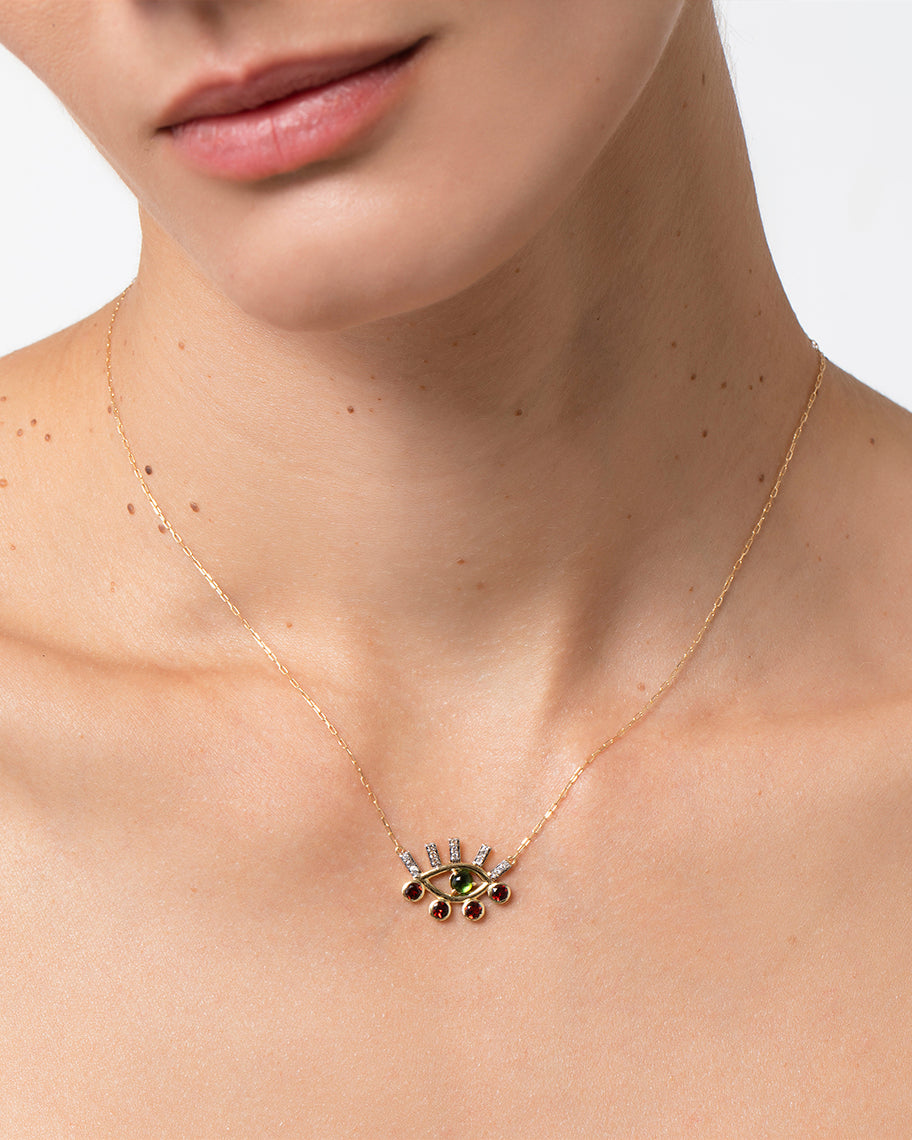 Colar Horus Green em Ouro 18K com Pingente de Olho em Turmalina Verde