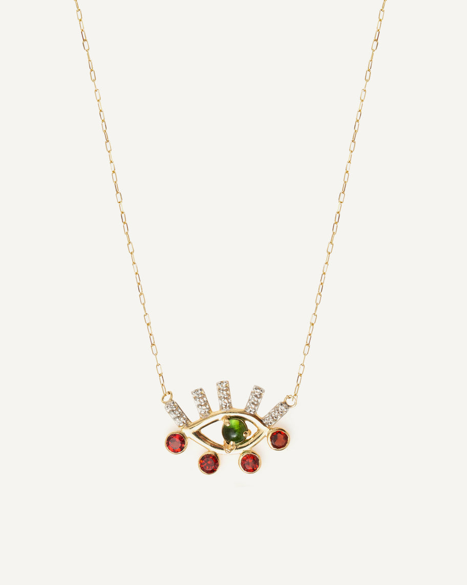 Colar Horus Green em Ouro 18K com Pingente de Olho em Turmalina Verde