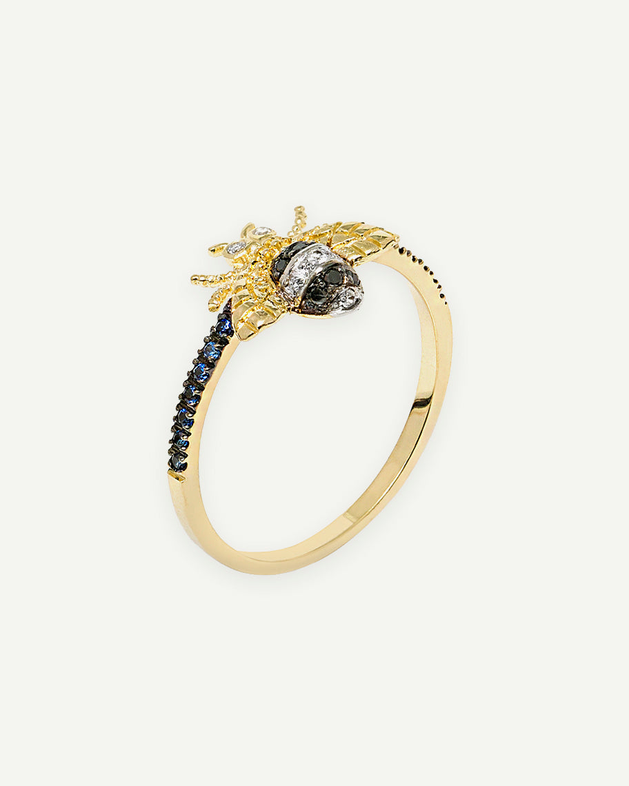 Anel de Abelha Rainha em Ouro 18k com Brilhantes e Safiras