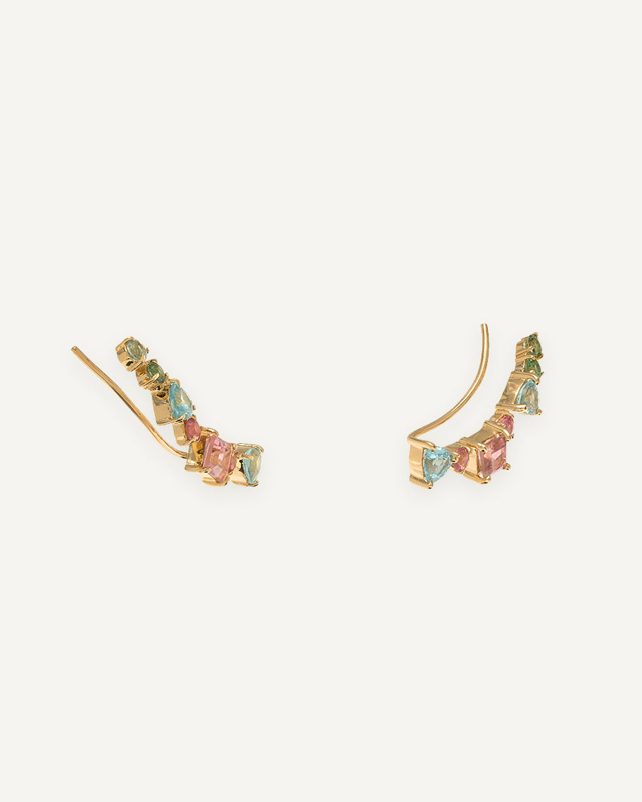 Brinco Earcuff Caterpillar em Ouro 18K e Pedras Preciosas Coloridas