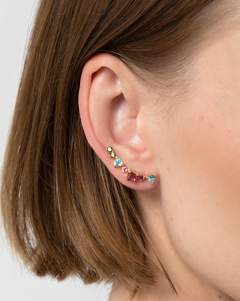 Brinco Earcuff Caterpillar em Ouro 18K e Pedras Preciosas Coloridas