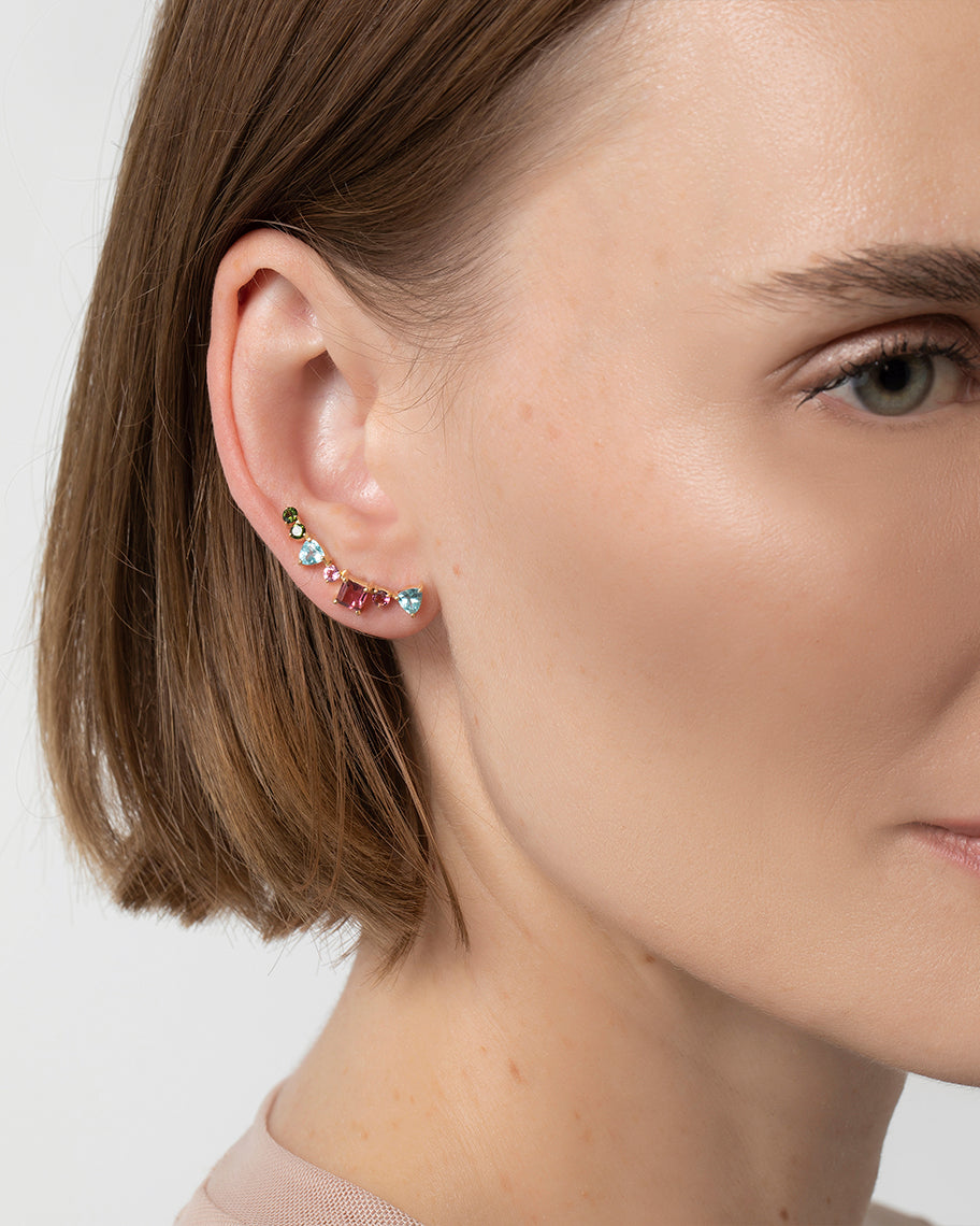 Brinco Earcuff Caterpillar em Ouro 18K e Pedras Preciosas Coloridas