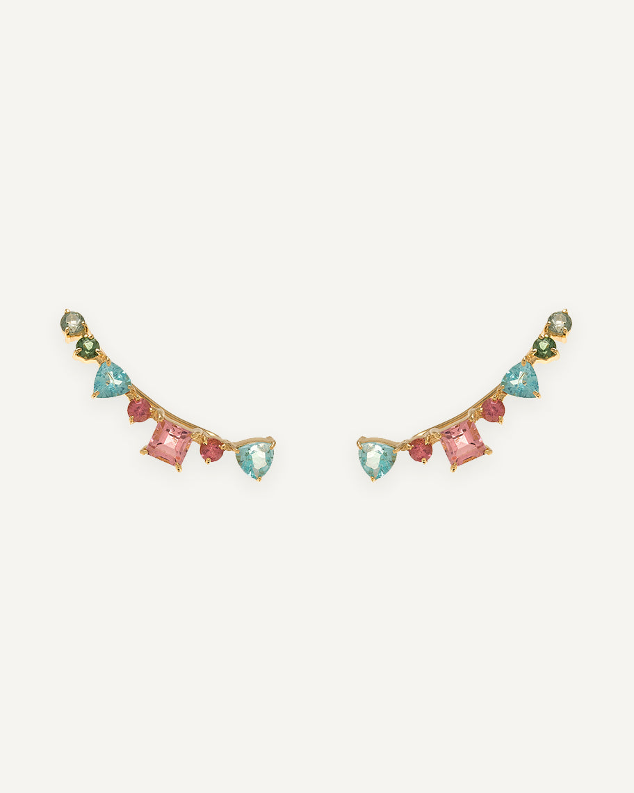 Brinco Earcuff Caterpillar em Ouro 18K e Pedras Preciosas Coloridas