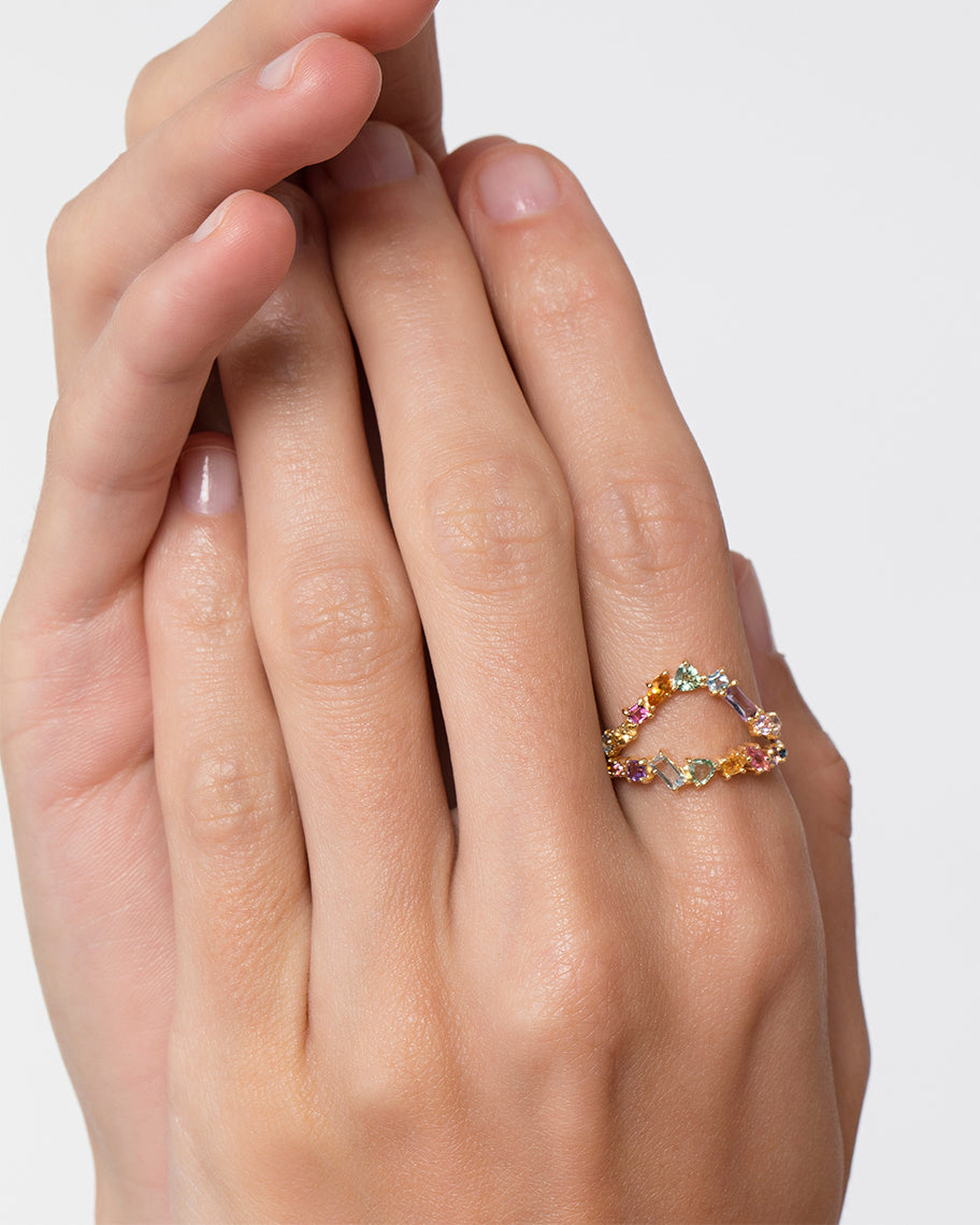 Meia Aliança Nina em Ouro 18K e Pedras Coloridas