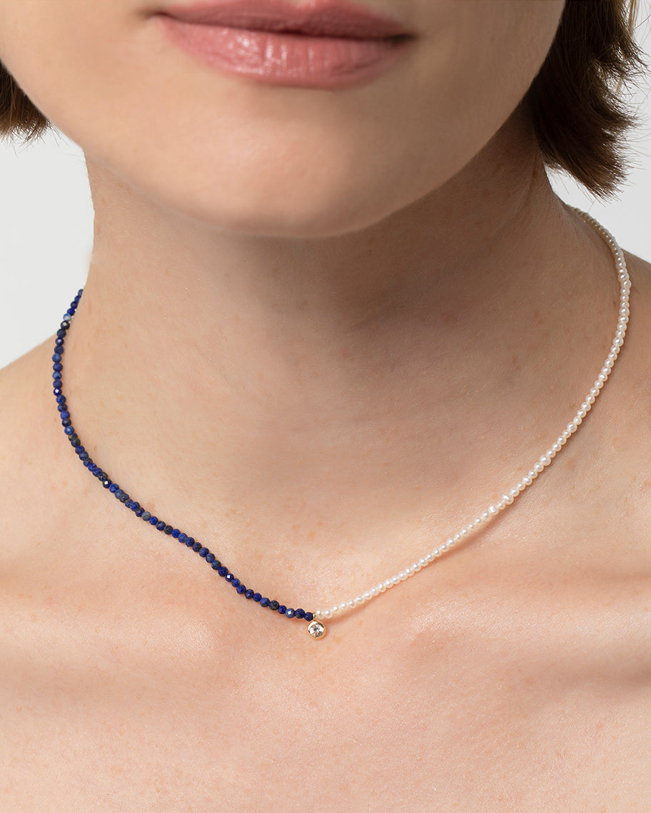 Colar Fortuna em Ouro 18k com Pérolas e Lápis-Lazúli