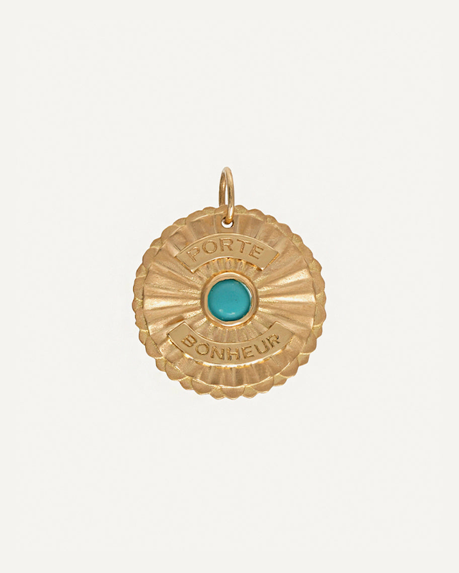 Pingente Medalha Porte-Bonheur em Ouro 18k e Turquesa