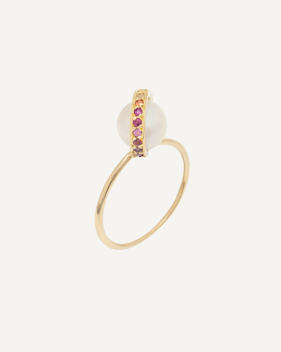 Anel Órbita em Ouro 18K com Pérola e Pedras Coloridas