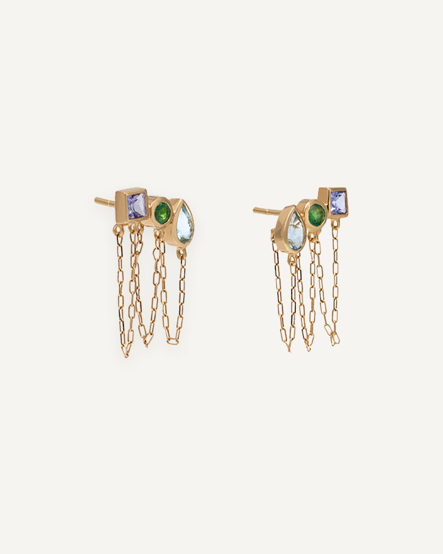 Brinco Avant Trio Corrente em Ouro 18K e Pedras Coloridas