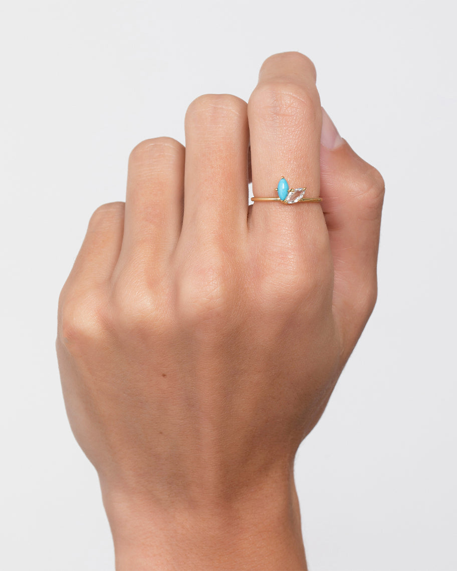 Anel Leaf Celeste em Ouro 18K e Turquesa