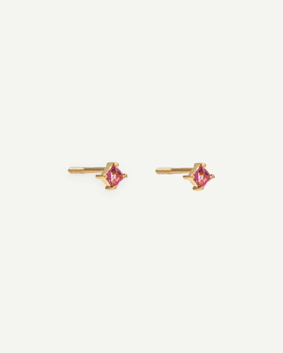 Brinco Petit Carré Turmalina Rosa em Ouro 18K