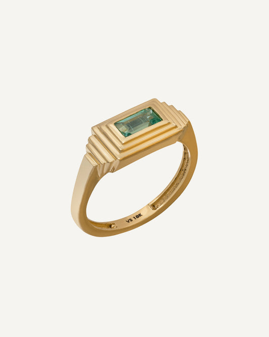 Anel Déco em Ouro 18K Baguete Esmeralda