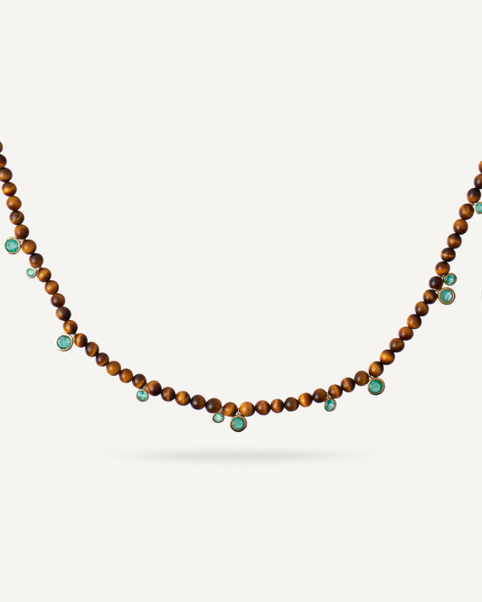 Colar Alvorada Olho de Tigre e Esmeralda em Ouro 18K