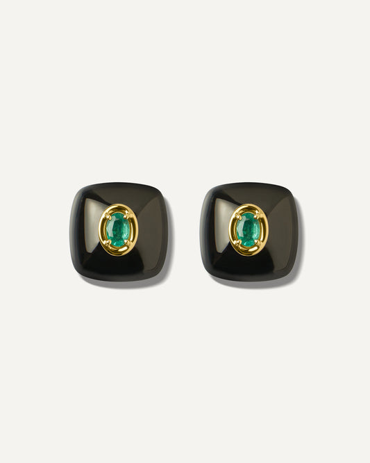 Brinco Valência em Ouro 18K com Ônix e Esmeralda